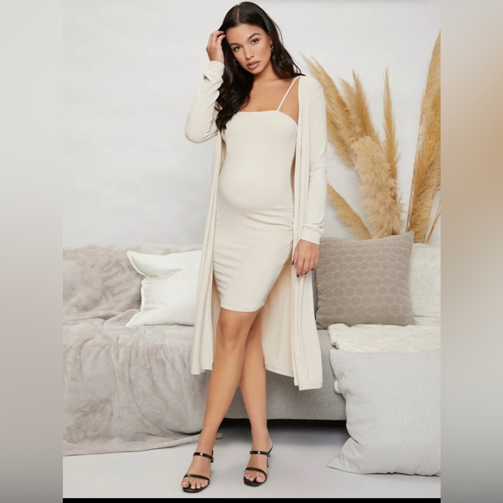 SHEIN Cream Ribbed Spaghetti Strap Dress with Matching Duster Robe